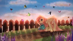 Size: 3840x2160 | Tagged: safe, artist:kizzki, derpibooru import, fluttershy, butterfly, insect, pegasus, pony, female, fence, garden, high res, image, mare, mouth hold, png, solo, watering can