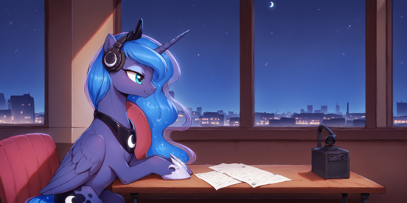 Size: 2400x1200 | Tagged: safe, ai content, derpibooru import, machine learning generated, prompter:greesys, princess luna, alicorn, pony, chair, city, headphones, image, moon, night, png, solo, stars, table, window