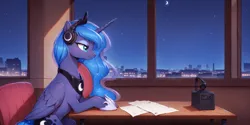 Size: 2400x1200 | Tagged: safe, ai content, derpibooru import, machine learning generated, prompter:greesys, princess luna, alicorn, pony, chair, city, headphones, image, moon, night, png, solo, stars, table, window