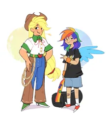 Size: 2099x2347 | Tagged: safe, artist:syrupyyy, derpibooru import, applejack, rainbow dash, human, g4, bag, bandaid, chaps, clothes, duffle bag, duo, duo female, female, hand on hip, humanized, image, looking at you, no iris, peace sign, png, rope, simple background, smiling, smiling at you, straw in mouth, white background, winged humanization, wings