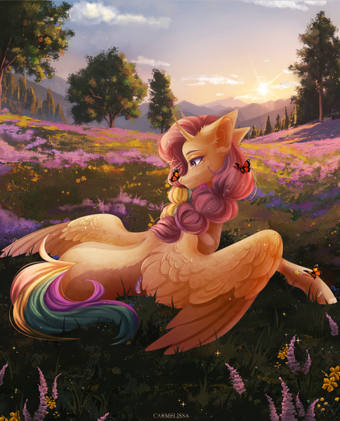 Size: 1700x2108 | Tagged: safe, artist:carmelissa, derpibooru import, oc, unofficial characters only, alicorn, butterfly, insect, pony, alicorn oc, butterfly on nose, female, field, flower, horn, image, insect on nose, lying down, mare, png, prone, scenery, solo, wings