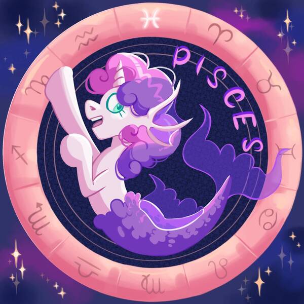 Size: 2000x2000 | Tagged: safe, artist:irisikiki, derpibooru import, part of a set, sweetie belle, merpony, pony, unicorn, g4, colored pupils, female, filly, foal, high res, horn, image, jpeg, open mouth, open smile, pisces, smiling, solo, stars, zodiac