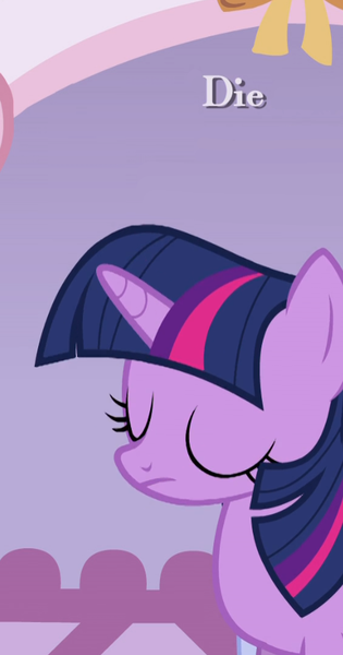 Size: 493x938 | Tagged: safe, derpibooru import, edit, edited screencap, editor:marefieber, screencap, twilight sparkle, pony, unicorn, g4, season 1, suited for success, carousel boutique, cropped, eyes closed, female, german text, horn, image, implied death, indoors, mare, png, solo, text, unicorn twilight