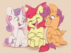 Size: 3230x2408 | Tagged: safe, artist:chub-wub, derpibooru import, apple bloom, scootaloo, sweetie belle, earth pony, pegasus, pony, g4, adorabloom, apple bloom's bow, blank flank, bow, cute, cutealoo, cutie mark crusaders, cutie mark cuties, diasweetes, eyebrows, eyebrows visible through hair, eyes closed, female, filly, foal, hair bow, horn, image, jpeg, open mouth, open smile, raised hoof, sitting, smiling, tail, trio, trio female, underhoof, wings