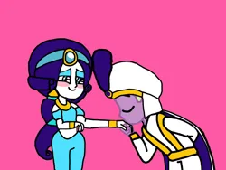 Size: 1280x960 | Tagged: safe, artist:iamscar2017, derpibooru import, rarity, spike, human, equestria girls, g4, aladdin, blushing, clothes, cute, daaaaaaaaaaaw, duo, eyes closed, eyeshadow, female, hand kiss, heartwarming, image, jpeg, makeup, male, pink background, prince ali, princess jasmine, raribetes, shipping, simple background, smiling, sparity, spikabetes, straight, wholesome