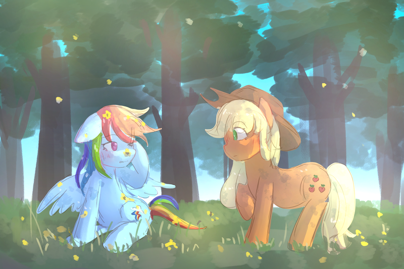 Size: 3000x2000 | Tagged: safe, artist:cider_princess, artist:snowzoriole, derpibooru import, applejack, rainbow dash, earth pony, pegasus, pony, g4, appledash, applejack's hat, blushing, cowboy hat, duo, duo female, female, flower, forest, grass, hat, high res, image, lesbian, looking at each other, looking at someone, mare, nature, one eye closed, outdoors, png, raised hoof, shipping, sitting, spread wings, tail, tree, wings