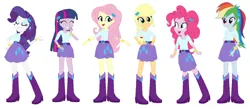 Size: 1357x589 | Tagged: safe, artist:noahishere18, derpibooru import, applejack, fluttershy, pinkie pie, rainbow dash, rarity, twilight sparkle, human, equestria girls, g4, belt, boots, clothes, clothes swap, high heel boots, image, jpeg, mane six, shirt, shoes, simple background, skirt, solo, white background