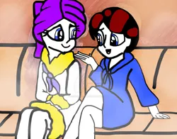 Size: 900x705 | Tagged: safe, artist:iamscar2017, derpibooru import, rarity, oc, oc:red arrow, human, equestria girls, g4, commission, dressing gown, duo, female, folded legs, image, jpeg, looking at each other, looking at someone, open mouth, open smile, sitting, sitting together, smiling, smiling at each other, spa, steam, steam room, talking, towel, towel on head