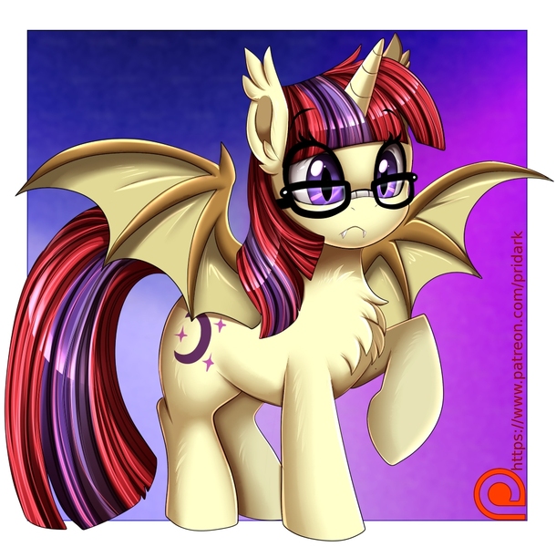 Size: 1000x983 | Tagged: safe, artist:pridark, derpibooru import, moondancer, alicorn, bat pony, bat pony alicorn, pony, bat ponified, bat wings, chest fluff, cute, cute little fangs, dancerbetes, fangs, glasses, horn, image, jpeg, race swap, raised leg, solo, wings