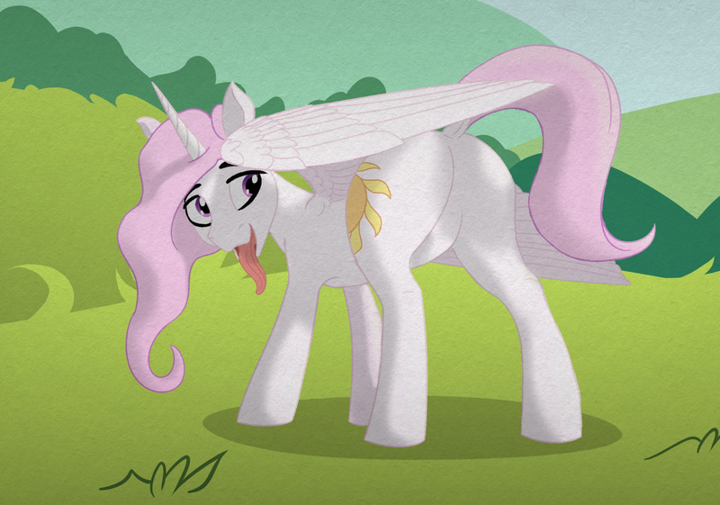 Size: 1398x980 | Tagged: safe, artist:kujivunia, derpibooru import, edit, princess celestia, alicorn, pony, princess molestia, g4, butt, colored, dogma, featureless crotch, female, flat colors, forest, grass, hill, image, long tongue, mare, nature, outdoors, plot, png, raised tail, shading, shadow, simple shading, sky, solo, spread wings, standing, tail, tail aside, tongue out, tree, wings