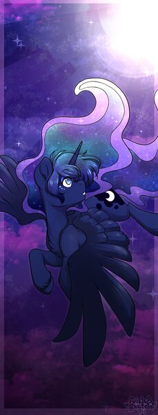 Size: 1560x4096 | Tagged: safe, artist:twisted_sketch, derpibooru import, princess luna, alicorn, pony, g4, cloud, female, flying, image, jpeg, mare, moon, solo