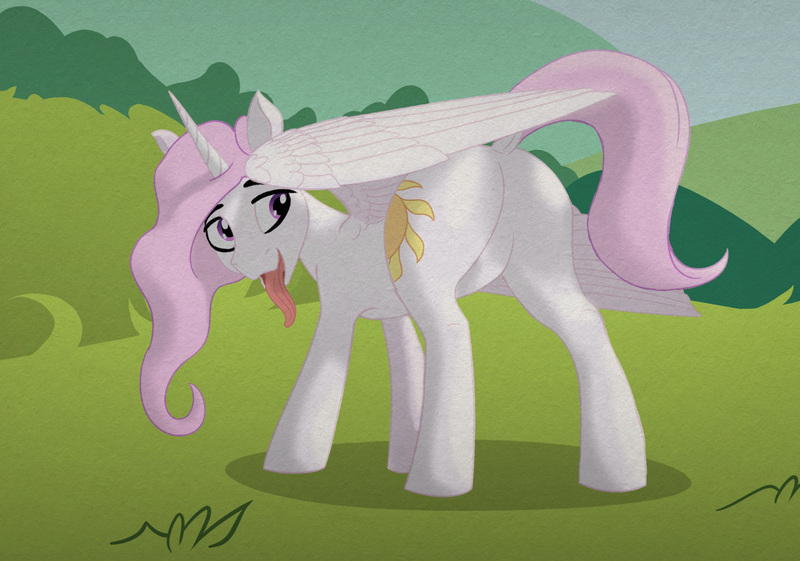 Size: 1398x980 | Tagged: safe, artist:kujivunia, derpibooru import, edit, princess celestia, alicorn, pony, princess molestia, g4, butt, colored, featureless crotch, female, flat colors, forest, grass, hill, image, jpeg, long tongue, mare, nature, outdoors, plot, raised tail, shading, shadow, simple shading, sky, solo, spread wings, standing, tail, tail aside, tongue out, tree, wings