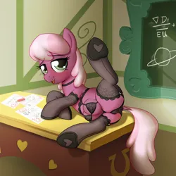 Size: 4000x4000 | Tagged: suggestive, artist:horsepen, ponerpics import, cheerilee, earth pony, pony, art pack:the bridle bliss catalogue, bra, chalkboard, classroom, clothes, crotchboobs, crotchbra, desk, female, image, lingerie, looking at you, nudity, panties, png, ponyville schoolhouse, socks, solo, stockings, thigh highs, underwear