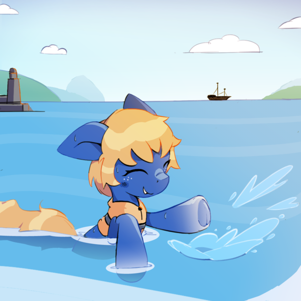 Size: 1024x1024 | Tagged: artist needed, safe, derpibooru import, oc, oc:tidal drift, earth pony, pony, blue coat, curly mane, earth pony oc, eyes closed, female, floppy ears, freckles, frog (hoof), hooves, image, lifejacket, mare, outdoors, partially submerged, png, short mane, splash, swimming, underhoof, water, yellow mane