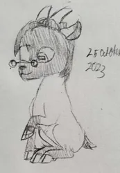 Size: 1789x2585 | Tagged: safe, artist:mannitenerisunt, derpibooru import, oc, oc:immanuel, unofficial characters only, goat, 2023, cloven hooves, derpibooru exclusive, glasses, horns, image, jpeg, pencil drawing, raised hoof, rectangular pupil, sitting, sketch, traditional art