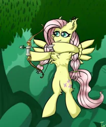 Size: 5000x6000 | Tagged: safe, artist:twinky, derpibooru import, fluttershy, pegasus, pony, g4, alternate hairstyle, arrow, bow (weapon), chest fluff, ear fluff, female, forest, image, mare, nature, png, solo, spread wings, tree, wings