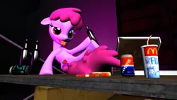 Size: 1600x900 | Tagged: safe, derpibooru import, berry punch, berryshine, earth pony, pony, g4, 3d, alcohol, bottle, drink, drinking, drunk, food, glass, image, mcdonald's, pizza, pizza box, png, purple body, purple mane, purple tail, soda, solo, source filmmaker, source filmmaker resource, tail, tongue out, wine, wine bottle, wine glass