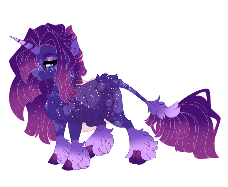 Size: 5000x4100 | Tagged: safe, artist:gigason, derpibooru import, oc, oc:constellation cataclysm, unofficial characters only, pony, unicorn, body freckles, butt fluff, chest fluff, cloven hooves, coat markings, colored hooves, colored pinnae, dappled, eye clipping through hair, eyeshadow, freckles, gradient hooves, gradient horn, gradient legs, gradient mane, gradient tail, hair over one eye, hooves, horn, image, leonine tail, lidded eyes, magical lesbian spawn, makeup, neck freckles, nonbinary, obtrusive watermark, offspring, parent:princess luna, parent:tempest shadow, parents:tempestluna, png, purple eyeshadow, simple background, socks (coat marking), solo, sparkly mane, sparkly tail, standing, striped horn, tail, tail freckles, transparent background, unicorn oc, unshorn fetlocks, watermark