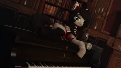 Size: 1920x1080 | Tagged: suggestive, artist:tidal drift, derpibooru import, oc, oc:boggy, unofficial characters only, bat pony, pony, 3d, black hair, black stockings, clothes, eyeshadow, female, fishnet clothing, fishnets, image, makeup, mare, musical instrument, open pony, piano, png, second life, socks, solo, solo female, stockings, thigh highs, white coat