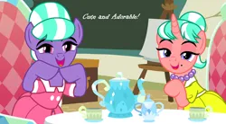 Size: 3548x1952 | Tagged: artist needed, safe, anonymous artist, artist:birdco, artist:tomfraggle, derpibooru import, stepford ponies, oc, oc:strawberry kiss, oc:sweeten blackberry, earth pony, pony, unicorn, chair, chalkboard, classroom, clothes, cup, dress, duo, female, headcanon, headcanon in the description, horn, image, jewelry, lesbian, lesson, lidded eyes, mare, necklace, open mouth, open smile, pearl necklace, png, smiling, table, teacup, teapot