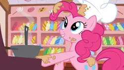 Size: 1920x1080 | Tagged: safe, derpibooru import, screencap, gummy, pinkie pie, pony, g4, season 5, the lost treasure of griffonstone, batter, bowl, chef's hat, food, hat, image, mixing bowl, png, solo