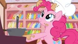 Size: 1920x1080 | Tagged: safe, derpibooru import, screencap, pinkie pie, earth pony, pony, g4, season 5, the lost treasure of griffonstone, batter, bowl, chef, chef's hat, female, food, hat, image, indoors, kitchen, mare, mixing bowl, png, solo, sugarcube corner