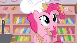 Size: 1920x1080 | Tagged: safe, derpibooru import, screencap, pinkie pie, earth pony, pony, g4, season 5, the lost treasure of griffonstone, batter, bowl, chef, chef's hat, female, food, hat, image, indoors, kitchen, mare, mixing bowl, png, solo, sugarcube corner