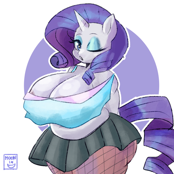 Size: 1024x1024 | Tagged: questionable, artist:moonix xero, derpibooru import, rarity, anthro, unicorn, g4, areola, areola slip, belly, breasts, cleavage, clothes, eyeshadow, female, fishnet clothing, fishnets, horn, image, looking at you, makeup, one eye closed, png, skirt, socks, solo, solo female, stockings, thigh highs