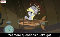 Size: 1920x1207 | Tagged: safe, derpibooru import, derpy hooves, pegasus, pony, comic:celestia's servant interview, g4, slice of life (episode), caption, cs captions, female, grin, happy, helmet, image, indoors, interview, laboratory, mare, playful, png, smiling, text