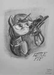 Size: 2745x3816 | Tagged: safe, artist:soursweet cheese, derpibooru import, oc, oc:littlepip, unofficial characters only, pony, unicorn, fallout equestria, clothes, gun, handgun, horn, image, jpeg, jumpsuit, little macintosh, photo, revolver, solo, vault suit, weapon