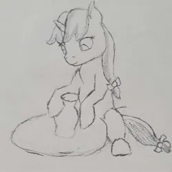 Size: 1902x1903 | Tagged: safe, artist:mannitenerisunt, derpibooru import, oc, oc:terracotta light, unofficial characters only, pony, unicorn, arts and crafts, bow, cute, derpibooru exclusive, female, filly, foal, hair bow, horn, image, jpeg, pencil drawing, pottery, pottery wheel, sitting, sketch, solo, tail, tail bow, traditional art