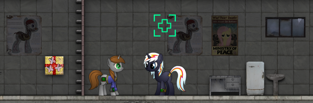 Size: 623x206 | Tagged: safe, derpibooru import, oc, oc:littlepip, oc:velvet remedy, unofficial characters only, unicorn, fallout equestria, game: fallout equestria: remains, game, horn, image, indoors, png, shipping