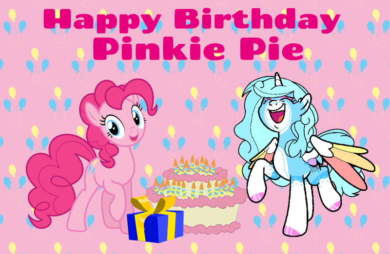 Size: 1226x800 | Tagged: safe, artist:jemimasparkle, derpibooru import, pinkie pie, oc, oc:jemimasparkle, g4, cake, cutie mark, cutie mark background, female, food, happy birthday, image, pink background, png, present, simple background