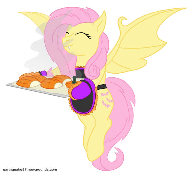 Size: 1188x1080 | Tagged: safe, artist:earthquake87, derpibooru import, fluttershy, bat pony, pony, apron, bat ponified, bat wings, clothes, cooking, cute, eyes closed, flutterbat, image, oven mitts, png, pumpkin, race swap, smiling, solo, spread wings, steam, tray, wings