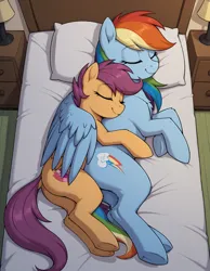 Size: 1344x1728 | Tagged: safe, ai content, derpibooru import, generator:bluefox mix, machine learning generated, stable diffusion, rainbow dash, scootaloo, pegasus, pony, g4, arm fluff, bed, bed sheets, bedroom, butt, chest fluff, cuddling, cute, cutealoo, daaaaaaaaaaaw, dashabetes, dock, duo, duo female, eyes closed, featureless crotch, female, full body, hug, hug from behind, image, indoors, lamp, laying on bed, lying down, mare, on bed, overhead view, pillow, plot, png, pony pillow, prompter:tyto4tme4l, scootalove, side, smiling, spooning, tail, underhoof, wing blanket, winghug, wings