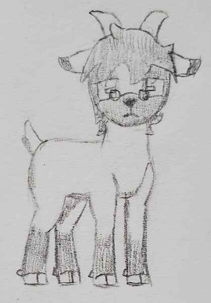 Size: 1354x1940 | Tagged: safe, artist:mannitenerisunt, derpibooru import, oc, oc:immanuel, unofficial characters only, goat, cloven hooves, derpibooru exclusive, floppy ears, glasses, goat oc, horns, image, jpeg, looking at you, non-pony oc, rectangular pupil, solo, standing