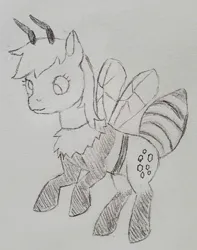 Size: 1732x2197 | Tagged: safe, artist:mannitenerisunt, derpibooru import, derpy hooves, bee pony, original species, pony, antennae, cross-eyed, derpibooru exclusive, female, flying, image, insect wings, jpeg, mare, neck fluff, pencil drawing, sketch, solo, species swap, traditional art, wings