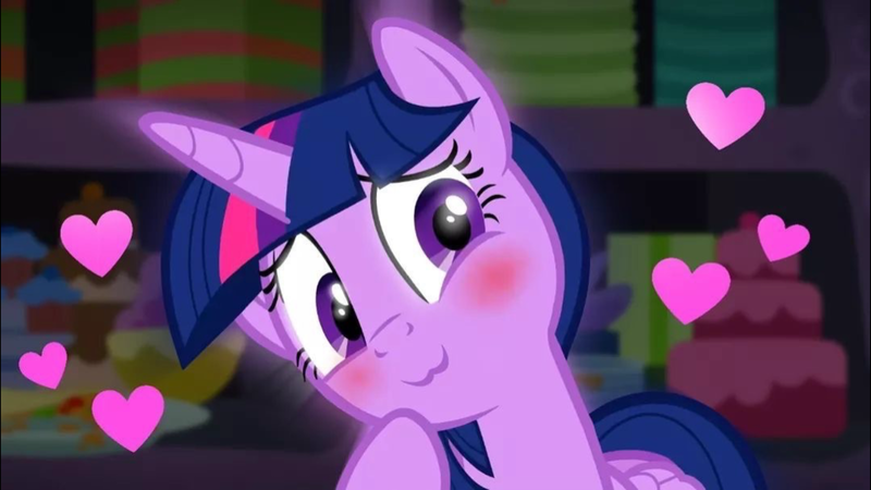 Size: 1920x1080 | Tagged: safe, derpibooru import, edit, edited screencap, screencap, twilight sparkle, twilight sparkle (alicorn), alicorn, pony, g4, party pooped, blushing, female, heart, image, mare, party cave, png, smiling, solo