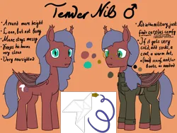 Size: 2880x2160 | Tagged: safe, artist:mannitenerisunt, derpibooru import, oc, oc:tender nib, unofficial characters only, bat pony, pony, abstract background, bat pony oc, bat wings, belt, button-up shirt, clothes, collar, derpibooru exclusive, fangs, glasses, image, long mane, looking at you, male, military uniform, pants, png, ponytail, reference sheet, shirt, slit pupils, stallion, standing, uniform, wings