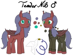 Size: 2880x2160 | Tagged: safe, alternate version, artist:mannitenerisunt, derpibooru import, oc, oc:tender nib, unofficial characters only, bat pony, pony, bat pony oc, bat wings, belt, button-up shirt, clothes, collar, derpibooru exclusive, fangs, glasses, image, long mane, looking at you, male, military uniform, pants, png, ponytail, reference sheet, shirt, simple background, slit pupils, stallion, standing, transparent background, uniform, wings