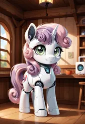 Size: 800x1169 | Tagged: safe, ai content, derpibooru import, machine learning generated, prompter:gregorymars, stable diffusion, sweetie belle, pony, robot, robot pony, unicorn, g4, female, filly, foal, generator:pony diffusion v6 xl, gynoid, horn, image, indoors, jpeg, looking at you, roboticization, smiling, smiling at you, solo, sweetie bot