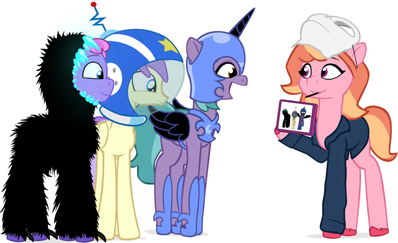 Size: 2335x1428 | Tagged: safe, artist:equestriaexploration, derpibooru import, alula, nightmare moon, pluto, princess erroria, pony, g5, 4chan, clothes, costume, image, michael myers, nightmare night costume, png, shiny sparks, simple background, strawberry blonde, sugarpuff lilac, transparent background