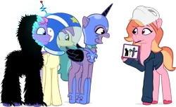 Size: 2335x1428 | Tagged: safe, artist:equestriaexploration, derpibooru import, alula, nightmare moon, pluto, princess erroria, pony, g5, 4chan, clothes, costume, image, michael myers, nightmare night costume, png, shiny sparks, simple background, strawberry blonde, sugarpuff lilac, transparent background