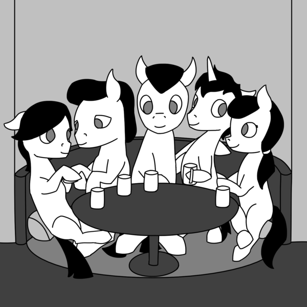 Size: 1440x1440 | Tagged: safe, artist:mannitenerisunt, derpibooru import, oc, unofficial characters only, earth pony, pony, unicorn, bench, booth, derpibooru exclusive, doodle, female, grayscale, holding hooves, horn, image, limited palette, looking at each other, looking at someone, male, mare, monochrome, mug, png, ponytail, rug, side hug, sitting, sitting on lap, smiling, stallion, table