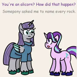 Size: 1000x1000 | Tagged: safe, artist:zoeyhorse, derpibooru import, maud pie, starlight glimmer, alicorn, pony, unicorn, g4, alicornified, beige background, colored wings, colored wingtips, dialogue, duo, duo female, female, height difference, horn, image, lesbian, mare, maudicorn, open mouth, png, race swap, shipping, simple background, starmaud, unshorn fetlocks, wings