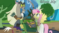 Size: 1280x720 | Tagged: safe, derpibooru import, editor:daughteroffluttercord, discord, fluttershy, draconequus, earth pony, pony, g4, book, clothes, discoshy, dress, dungeons and dragons, female, image, jpeg, male, ogres and oubliettes, pen and paper rpg, shipping, staff, staff of sameness, starswirl's book, straight, watermark