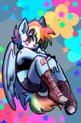 Size: 1341x2048 | Tagged: safe, artist:xxangelgutzxx, derpibooru import, rainbow dash, anthro, pegasus, plantigrade anthro, g4, bandaid, boots, clothes, cute, dashabetes, female, image, jpeg, looking at you, midriff, partially open wings, shirt, shoes, shorts, solo, stars, tail, wings