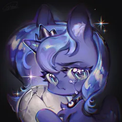 Size: 1500x1500 | Tagged: safe, artist:flesh, artist:fleshbd99, derpibooru import, princess luna, alicorn, pony, g4, :t, ball, black background, broken, chest fluff, chromatic aberration, crown, crying, cute, female, filly, filly luna, foal, gradient background, holding, image, jewelry, looking at you, lunabetes, mare, png, regalia, s1 luna, signature, simple background, solo, sparkles, upper body, woona, younger