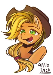 Size: 1482x2107 | Tagged: safe, artist:89987259, derpibooru import, applejack, earth pony, pony, :d, bust, female, hat, image, mare, open mouth, open smile, png, simple background, smiling, solo, text, white background