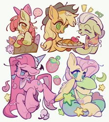 Size: 3300x3700 | Tagged: safe, artist:yanyannonoz, derpibooru import, apple bloom, applejack, fluttershy, granny smith, pinkie pie, scootaloo, sweetie belle, earth pony, pegasus, pony, unicorn, :d, apple, blush sticker, blushing, bow, cutie mark crusaders, female, food, hair bow, hat, horn, image, jpeg, mare, neckerchief, open mouth, open smile, party hat, pie, pillow, pinkamena diane pie, simple background, smiling, speech bubble, unshorn fetlocks, white background